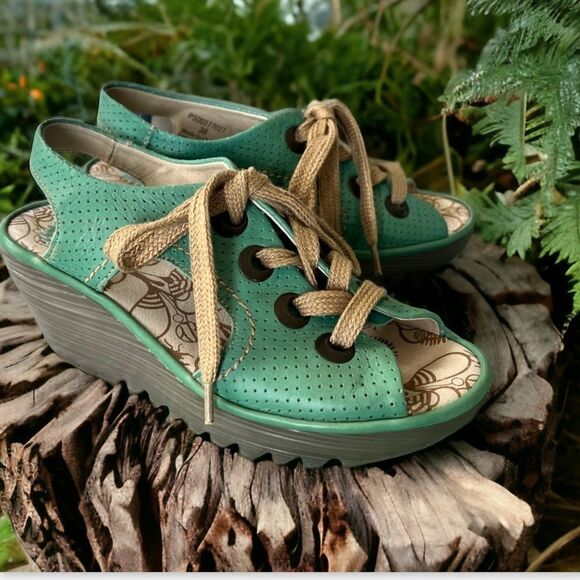 FLY LONDON Lace Up Wedge Open Toe Shoe (Dark Mint Green) - Picture 1 of 10